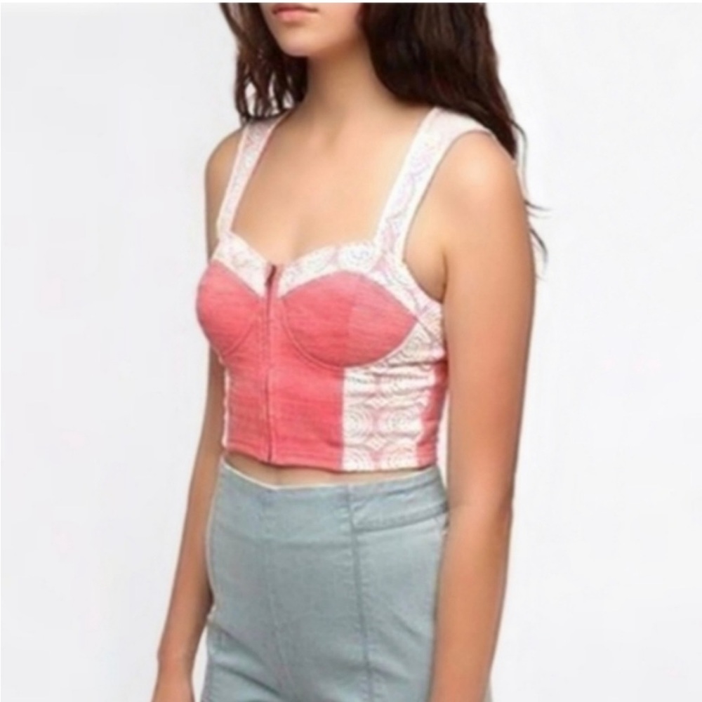 Pink/red and white lace cropped zip up top